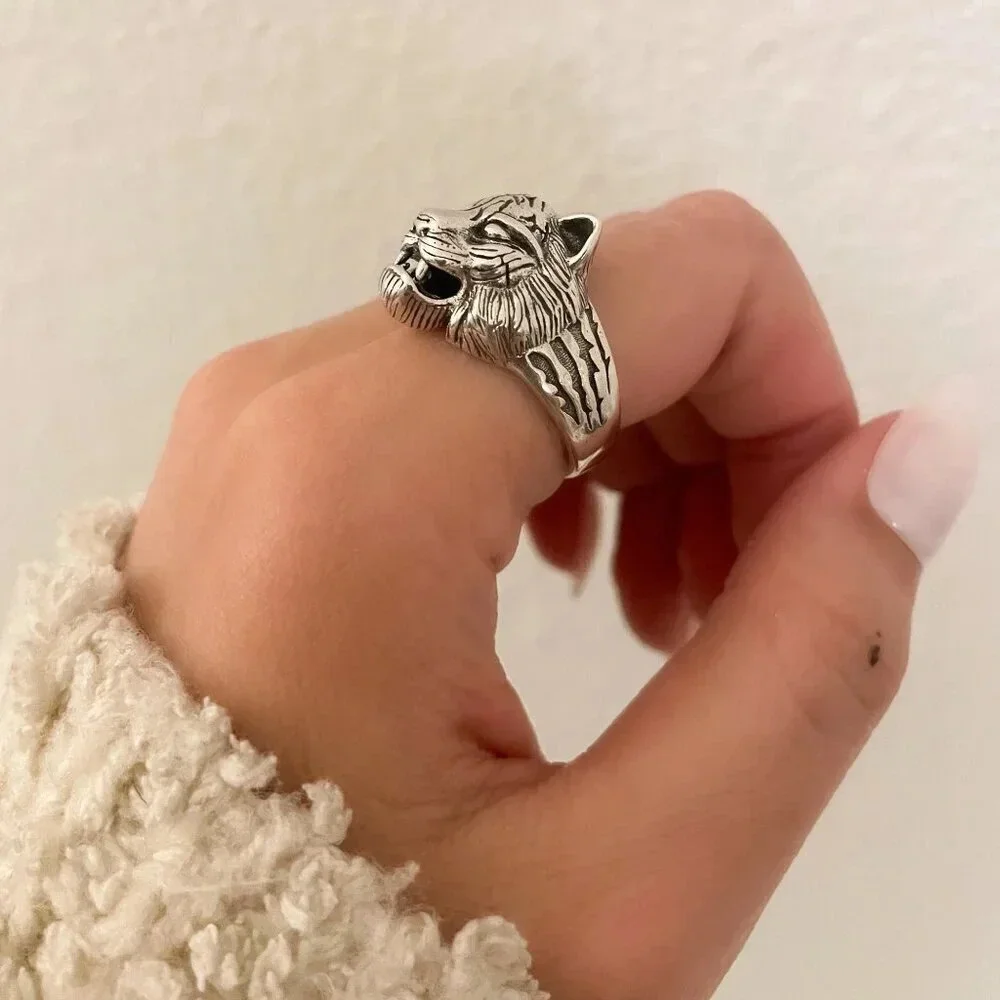 925 Sterling Silver Tiger Ring Unisex Cool Chunky Ring Bold Thick Ring